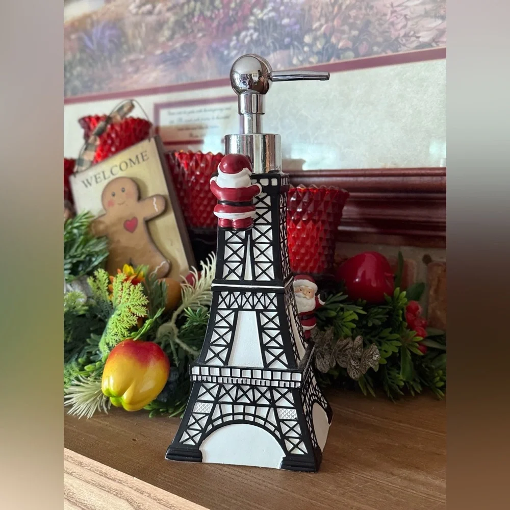 Eiffel Tower Soap Dispenser with Santa Accents - Black & White